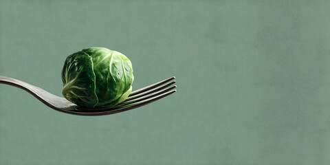 A brussels sprout rests on a fork, showcasing its vibrant color and texture against a soft green backdrop