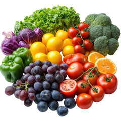 Colorful display of fresh fruits and vegetables arranged on a white background in a vibrant and healthy assortment on transparent background