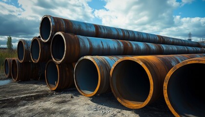 Metal pipe stack for industrial material with blue sky view