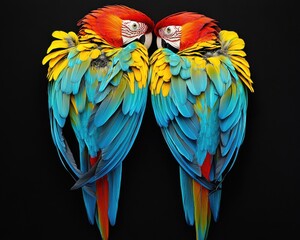Obraz premium Two vibrant macaw parrots face each other, their vivid feathers in shades of blue, yellow, and red creating a striking contrast.