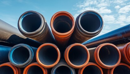 Metal pipe stack for industrial material with blue sky view