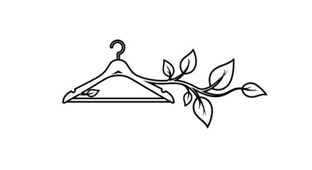 Abstract line art of a clothes hanger growing into a leafy vine, symbolizing sustainable fashion. Vector icon for retail.