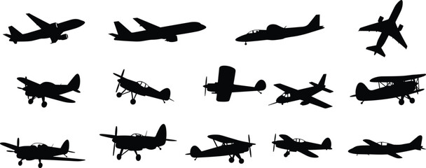 Silhouettes of various airplanes and aircraft, military and civilian planes, vintage and modern planes in flight and side views © CreativeArtist