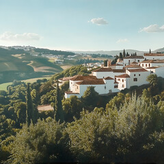 panorama of the ancient temple of the sibyl in Tivoli, surrounded by urban area and lush green environment
