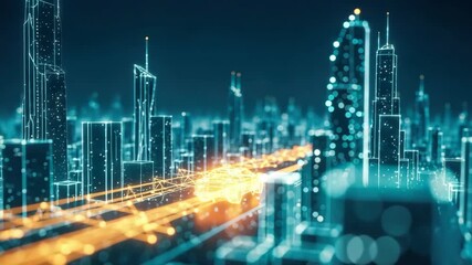 A futuristic cityscape illuminated by glowing lines of light representing data flow with high-tech skyscrapers in the background and a vibrant urban atmosphere - Powered by Adobe
