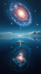 Celestial Island: Galaxy Reflecting in Tranquil Ocean - Fantasy, Sci-Fi, and Surreal Art Design