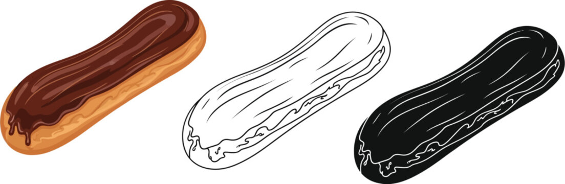 Chocolate eclair vector illustration set pastry dessert sweet treat bakery design icon 86