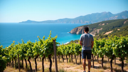 Coastal Vineyard: Man Contemplating Ocean View, Wine Tourism, Summer Idyll. Perfect for travel, wine, and lifestyle branding.