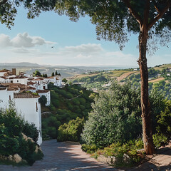 panorama of the ancient temple of the sibyl in Tivoli, surrounded by urban area and lush green environment
