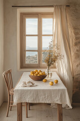 Lemons and flowers filling a wooden bowl on a table overlooking the sea