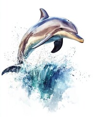 Fototapeta premium A playful dolphin leaps above vibrant blue waves, showcasing its grace and beauty in an artistic splash of colors.