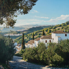 panorama of the ancient temple of the sibyl in Tivoli, surrounded by urban area and lush green environment
