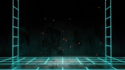 A futuristic neon-lit room with a glowing grid floor and illuminated particles in the background creating a sci-fi atmosphere ideal for virtual reality or gaming concepts