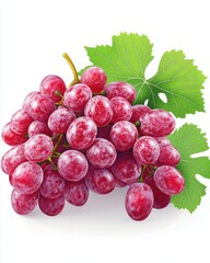 Fototapeta premium A vibrant cluster of fresh red grapes showcasing their rich color and natural sheen, accompanied by green leaves.