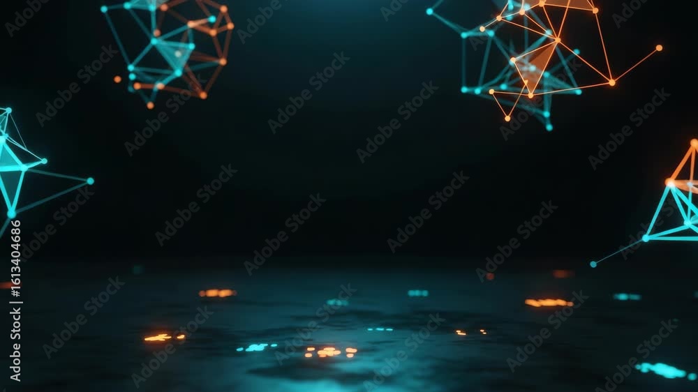 Poster abstract digital connections with glowing orange and blue nodes floating above a reflective dark sur