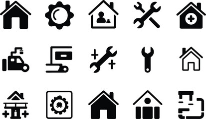 A collection of black and white icons including houses, tools, and machinery