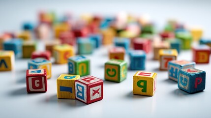 Colorful wooden alphabet blocks scattered on a light surface