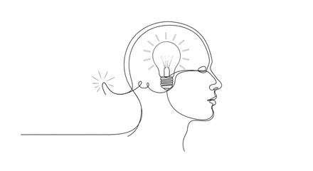 Continuous Line Human Head with Lightbulb &ndash; Minimalist Innovation Vector on White Background