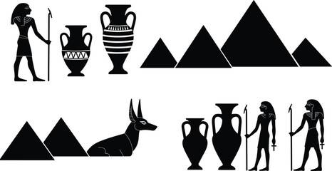 Ancient Egyptian icons with pyramids, pharaoh figures, Anubis statue, and pottery vases, historical symbols, Egyptian culture, black silhouette art