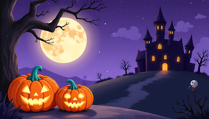Spooky halloween night with carved pumpkins and haunted castle under a full moon