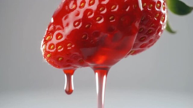 Juicy red strawberry drizzled with a glistening, sweet syrup.