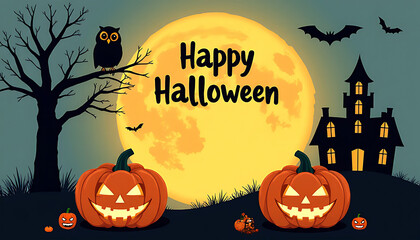Fototapeta premium Spooky halloween scene with jack o lanterns and haunted house under a full moon