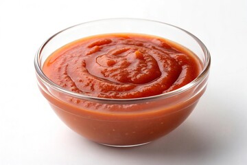 A clear glass bowl filled with thick red tomato sauce swirled in the center isolated on white background