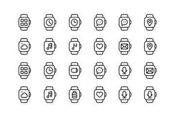 Smartwatch Interface Icons Set Vector Illustration Displaying App Notifications, Time, Cloud Data, Heart Rate, Battery Life, and Location on a Modern Wearable Device