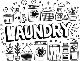 Doodle style illustration of laundry room items with the word laundry in bold