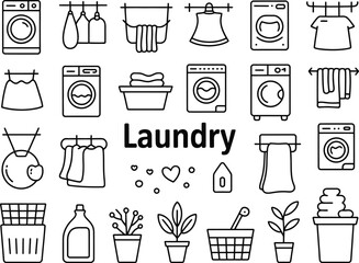 A collection of laundry related icons including washing machines and plants line art