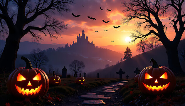 Spooky halloween graveyard scene with jack o lanterns and castle at sunset