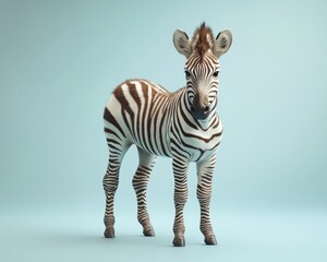 A young zebra stands confidently against a plain blue background, showcasing its striking black and white stripes.