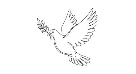 Obraz premium Dove in Flight with Olive Branch Line Art – Minimalist Peace Vector on White Background