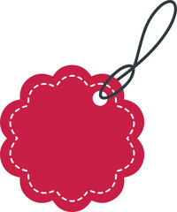 Red scalloped tag with white stitching and a string, isolated on white background