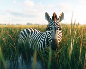 A close-up of a zebra resting peacefully in tall grass, enjoying a serene moment in a vibrant natural setting.