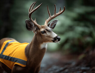 Obraz premium Deer antler forest wildlife animal orange vest safety alert nature woodland standing outdoors mammal fur autumn conservation protection