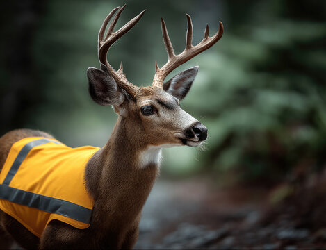 Deer antler forest wildlife animal orange vest safety alert nature woodland standing outdoors mammal fur autumn conservation protection