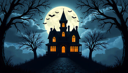 Fototapeta premium Spooky haunted mansion silhouetted against a large full moon with bats flying