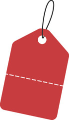 A red paper tag with perforations hangs on a black string, over a white background