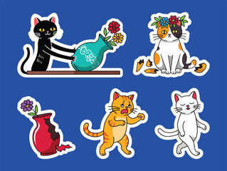 Cartoon cats interacting with flowers, vases, and showing various emotions on a blue background.