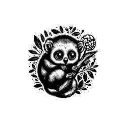 A cute tarsier sits on a branch isolated on white background