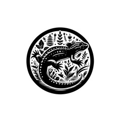 A lizard surrounded by leaves isolated on white background