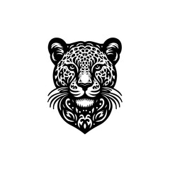 A majestic leopard head is isolated on white background in black and white