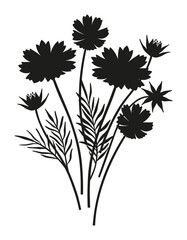 Bouquet silhouette of cosmea flowers and leaves. Bunches of blooming perennial wild plants, minimal style. Botanical hand-drawn elements for design projects. Vector illustration
