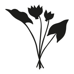 Bouquet silhouette of cyclamen flowers with leaves. Bunch of blooming wild plants. Botanical hand-drawn elements for design projects. Vector illustration