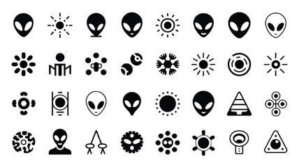 Collection of Black Alien Icons on White Background Depicting Extraterrestrial Life and Futuristic Technology