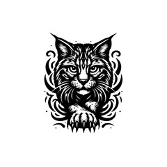 A fierce bobcat portrait isolated on white background showcases its wild beauty