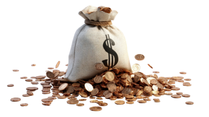 3D money bag with dollar sign spilling out coins, background isolated on a Transparent background, PNG file.