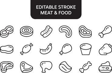 Meat and Food Line Icons with Editable Stroke Vector Set