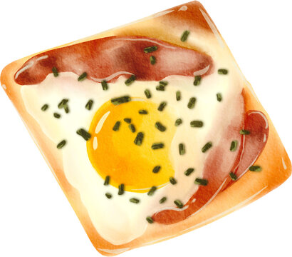 Watercolor Illustration of Egg and Slice of Bacon Toast